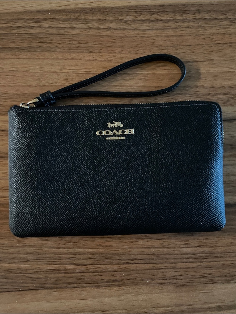 Coach Black Leather Wristlet with Gold Logo